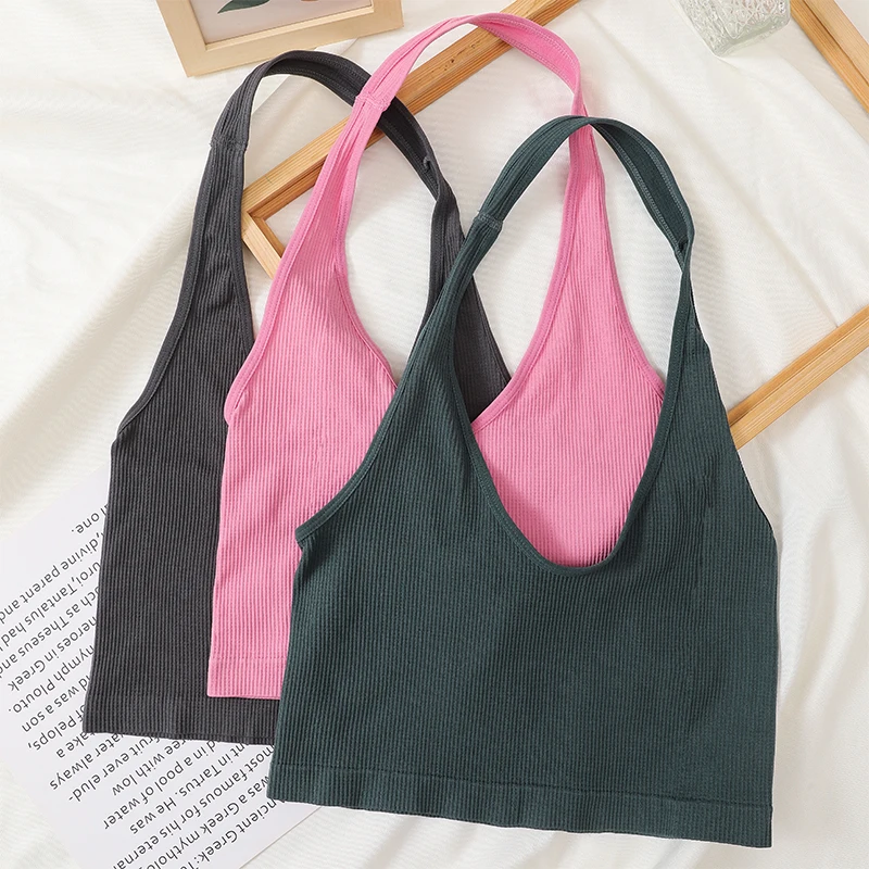 Women Crop Tops Sleeveless Tank Top Female Halter Top Sexy Lingerie Streetwear Backless Bralette Basic Ribbed Bustier Camisole