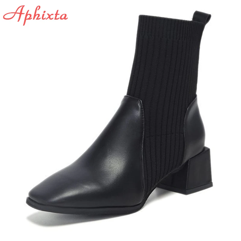 Aphixta 2022 New Square Heels Socks Boots Women Fashion Stretch Fabric Elastic Square Toe Shoes Ankle Boots Plus Big Size 42 43
