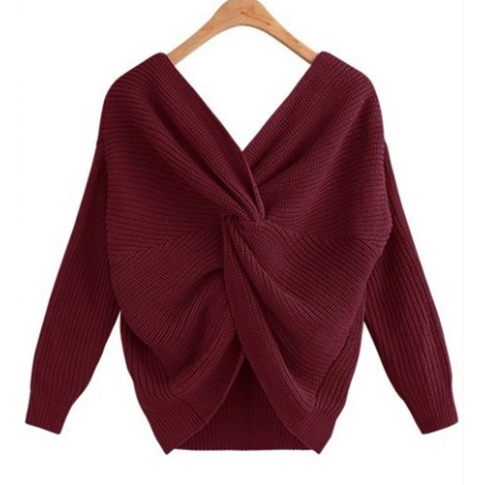

Women Sweater Autumn Winter Sexy Backless Cross Knotted Pullover Jumper Knitting Loose Clothes Fashion V-neck Irregular Sweaters