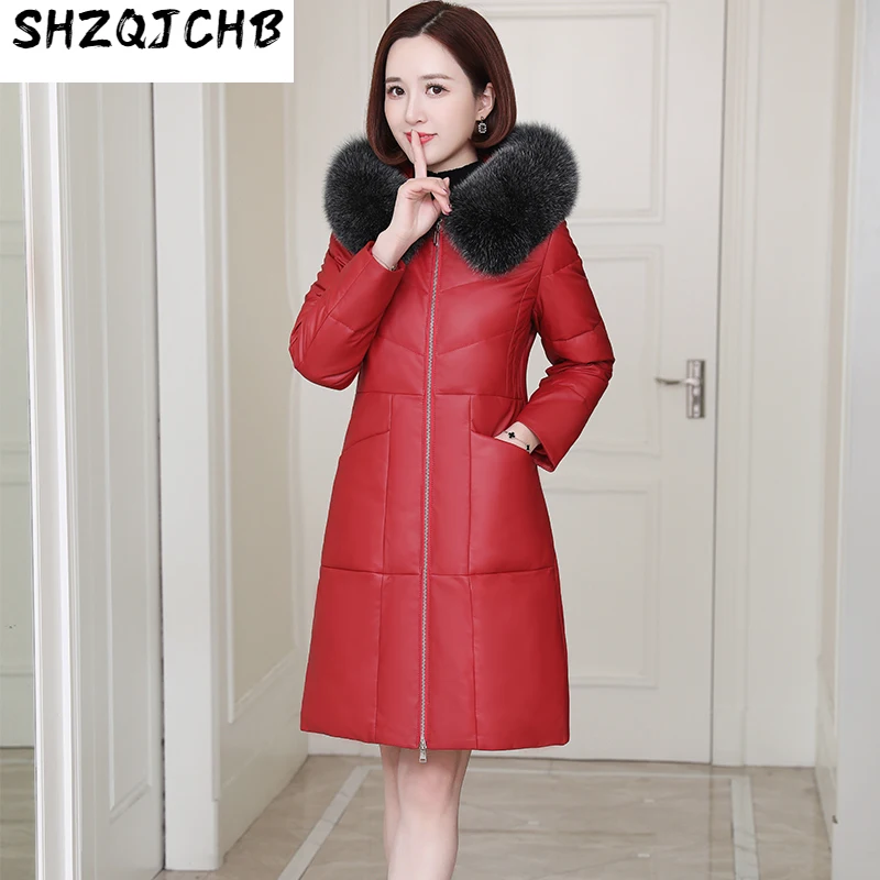 

SHZQ, пальто из овечьей кожи, женский пуховик средней длины, утолщенное пальто с капюшоном и воротником из лисьего меха, приталенное пальто