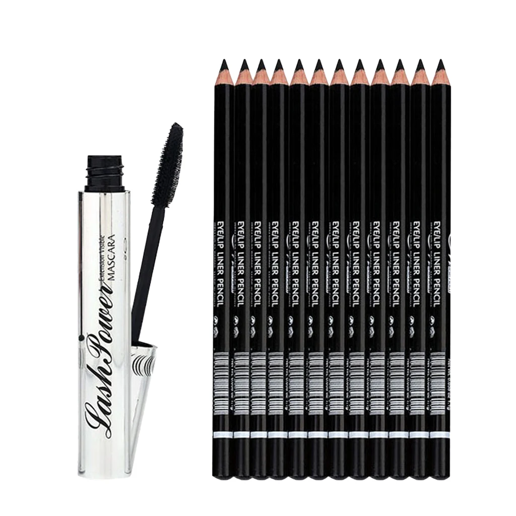 

12Pcs Waterproof Eye Liner Eyebrow Black Pencil + Eyelash Long Curl Mascara