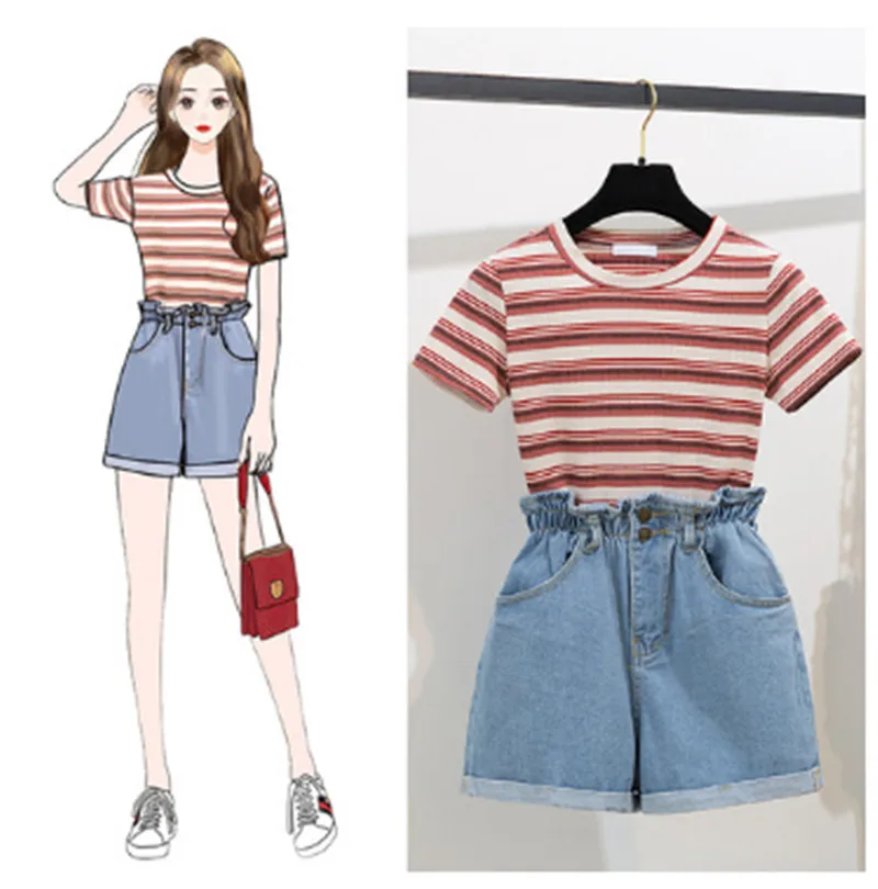 Женский комплект из 2 предметов футболка с коротким рукавом и шорты в полоску