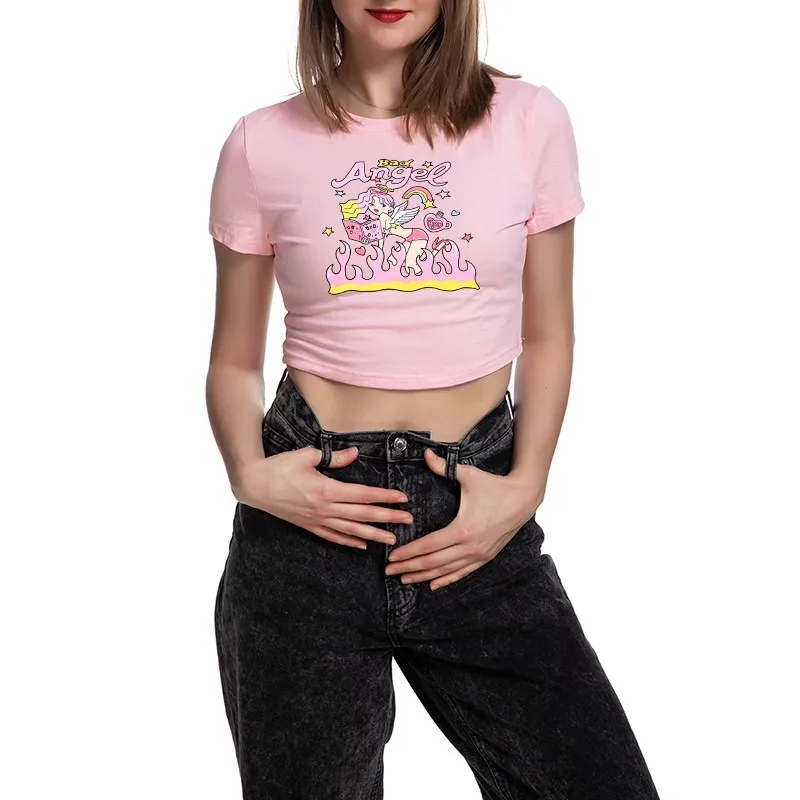 

Angel Girls Print Women Short Sleeve Casual Loose T-shirt Woman Crop Tee Short Tops 2021 Summer Tshirt Feminina Camiseta-W102179