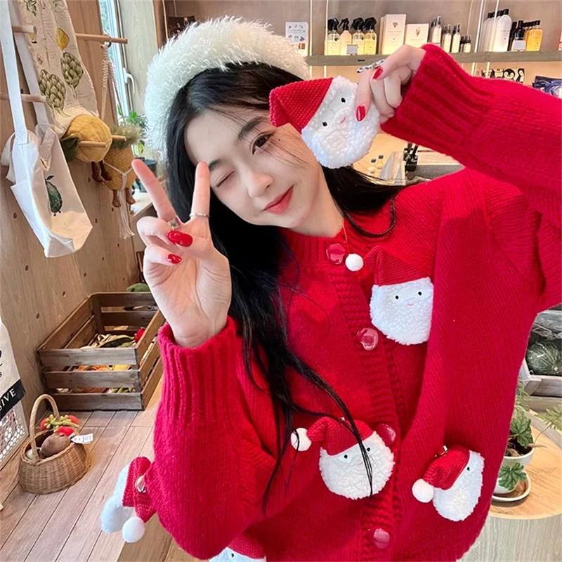 

Korean Winter Sweet Girl Loose Cardigan Kawaii O-Neck Vintage Lazy Style Single-breasted Christmas Decorate Red Knitting Sweater