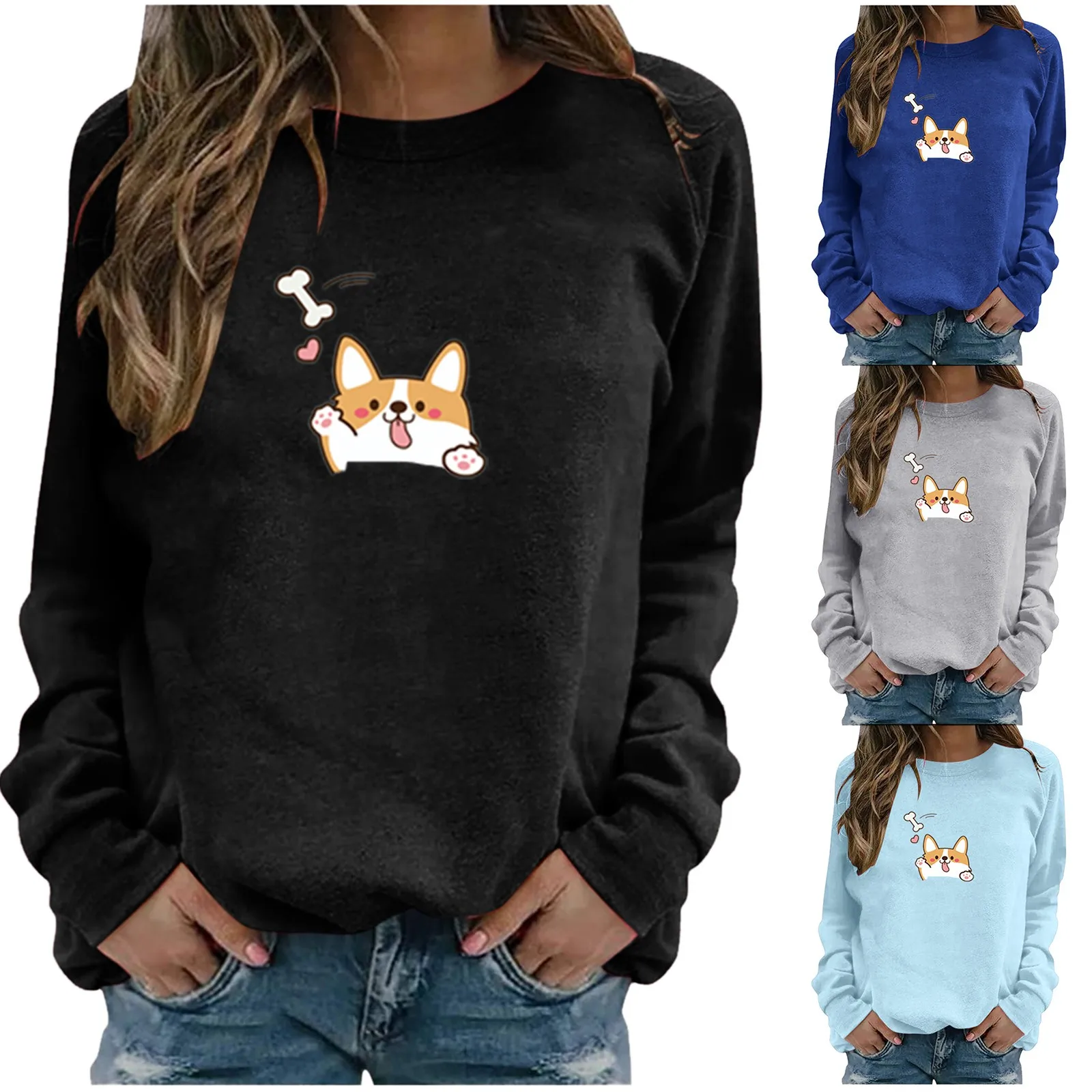 61# Harajuku Kawaii Animal Print T-shirts Women's Casual Long Sleeve Print Pullover Sweatshirt Tops Streetwear Loose Tee Tops