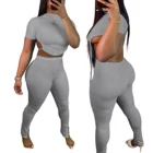 Женский комплект из двух предметов, однотонный топ с коротким рукавом и круглым вырезом и брюки, серыйчерныйсиний, 2021