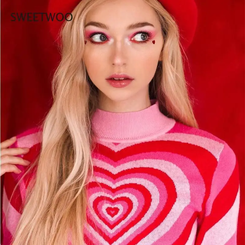 

Love Sweater Women's Autumn Ins Retro Women's Explosive Models Color Matching Rainbow Half High Neck Slim Net Red Pullover Sweat