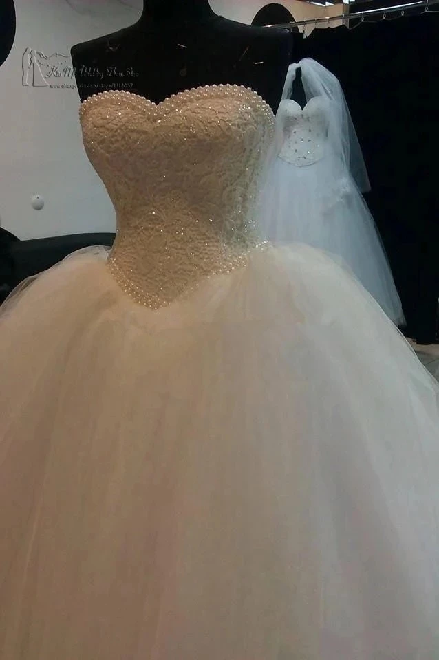 

ANGELSBRIDEP Sweetheart Ball Gown Wedding Dress V Waist Vestido De Noiva Fashion Lace Bodice Pearls Tull Formal Bride Dress