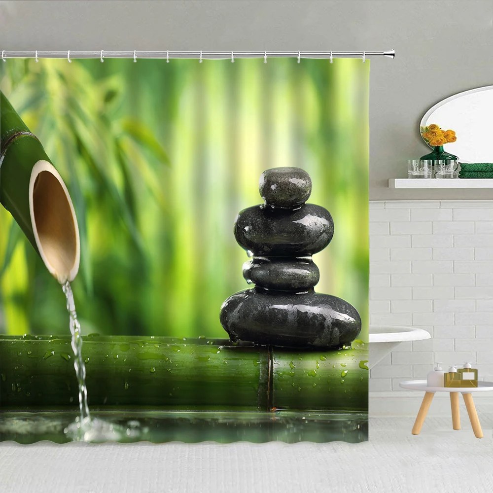 

3D дзен камень зеленый бамбук занавеска для душа Заводская Лотос Ткань Высокое качество для ванной комнаты с крючками домашний декор тканев...