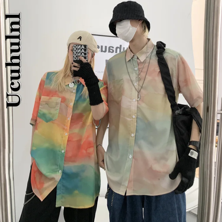 

Ucuhulnl Korean Streetwear Harajuku Style Shirt Vintage Tie Dye Printing Design Short Sleeve Casual Single Breasted Loose Blouse