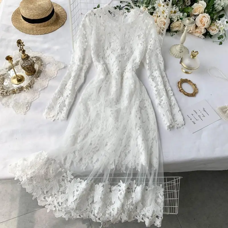 Элегантное ажурное кружевное платье с длинным рукавом облегающее Сексуальное