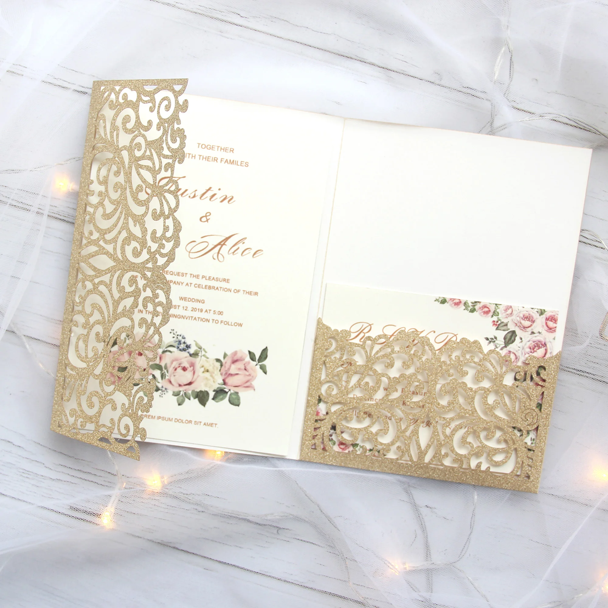 Print custom Laser Cut Wedding Invitations Cards glittery invitations set with RSVP envelop belly band tri-fold pocket invites | Дом и сад