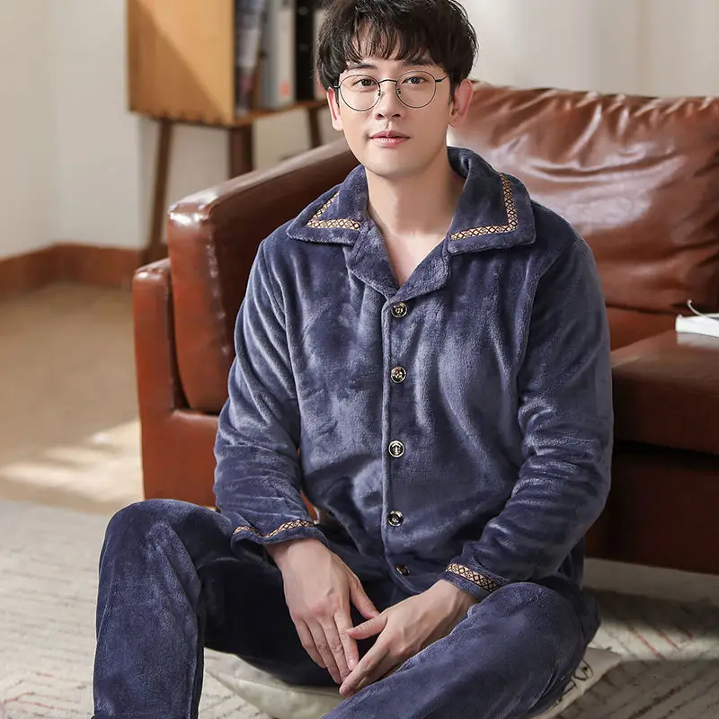 man pajama set Теплая Пижама Мужская Фланелевая Зимняя Толстая Пижама Мужская Толстая пижама с длинным рукавом Повседневная Осенняя Пижама для мужчин коралловый флис для сна XXXL - Цвет: man pajama set