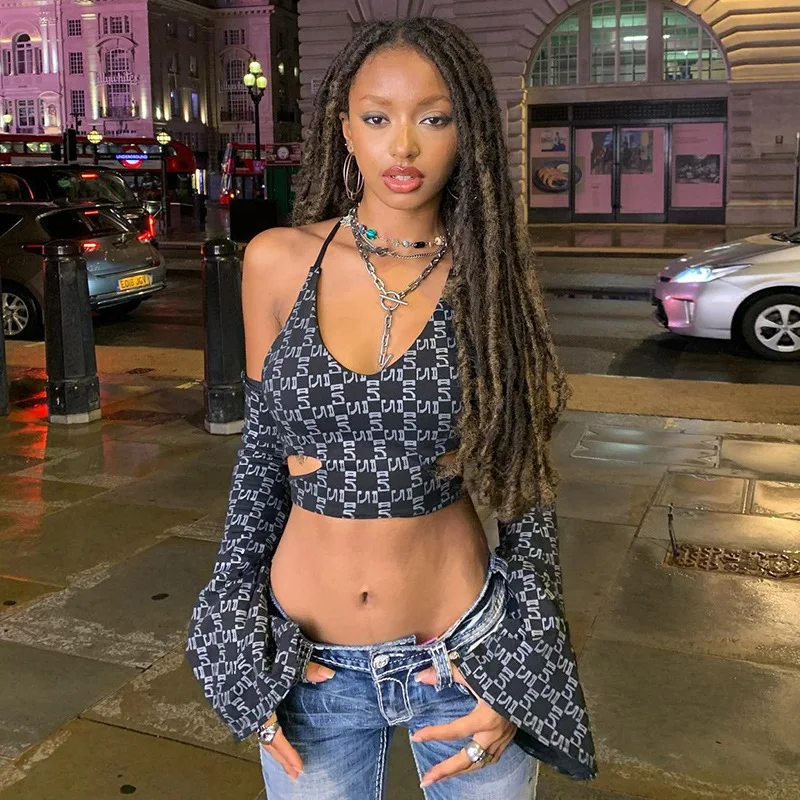 

Ажурные топы на бретельках, нарукавники, майка на шнуровке с принтом, топы, укороченная Женская одежда, сексуальная летняя майка, майка, укор...