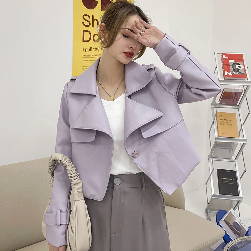 

2022 Korean Single-Button Slim Soft Faux PU Leather Jacket Women Purple Short Coat Spring Long sleeve Street Biker Jacket Female