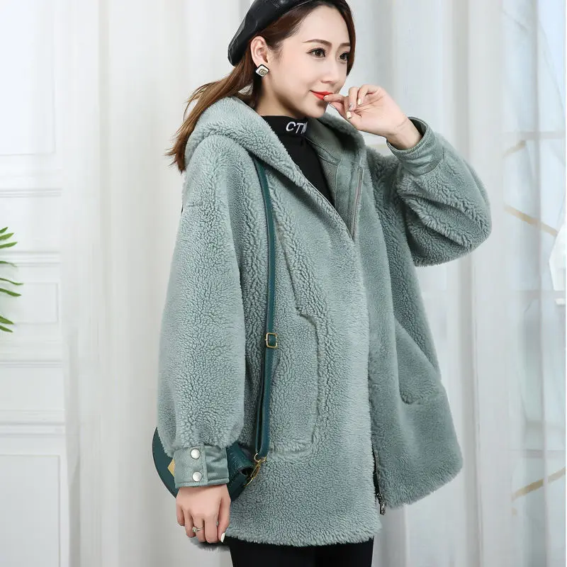2022 Women's Hooded Real Cashmere Coat Female Solid Color Zipper h Real Wool Jackets Ladies Thick Warm Outerwear Coats A29