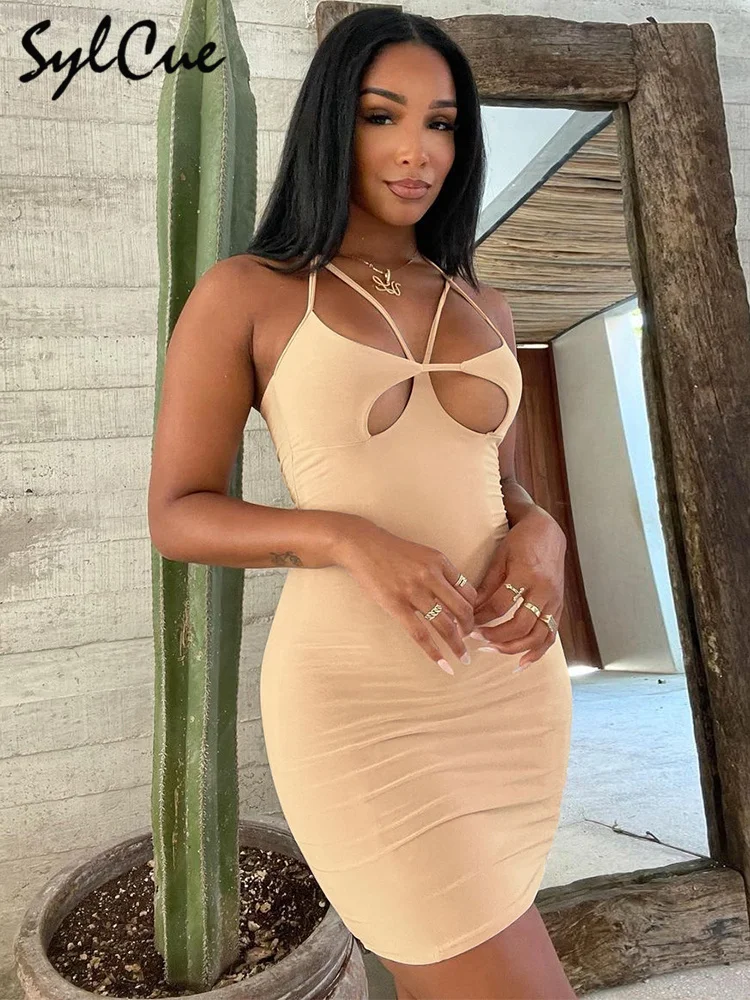 

Sylcue Sexy Nightclub Halter Hot Glamour Pure Color Elastic Tight-Fitting Hips Highlighting Confidence Women's Lace-Up Dress