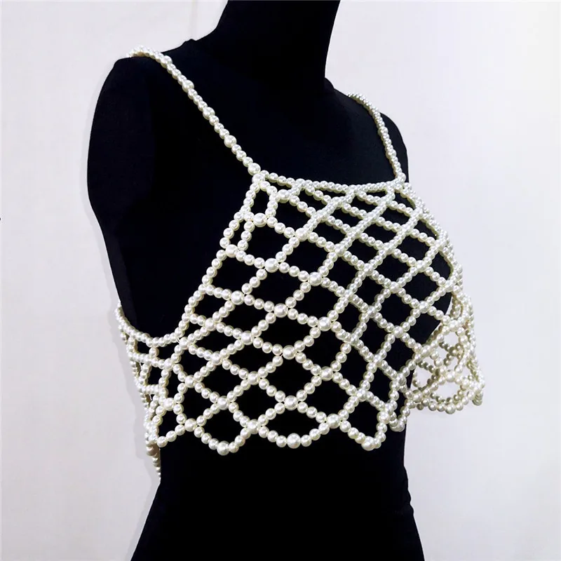 

Sexy Women Pearls Tops Crop Hollow Out Party Club Summer Crop Top Beach Vests Bar Women Clothes SX017S50