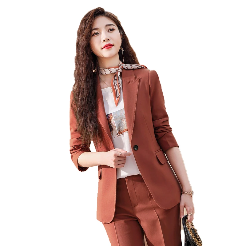 Lenshin High Quality 2 Piece Set Solid Formal Pant Suit Blazer Office Lady Designs Women Soft  Brown Jacket and Pant