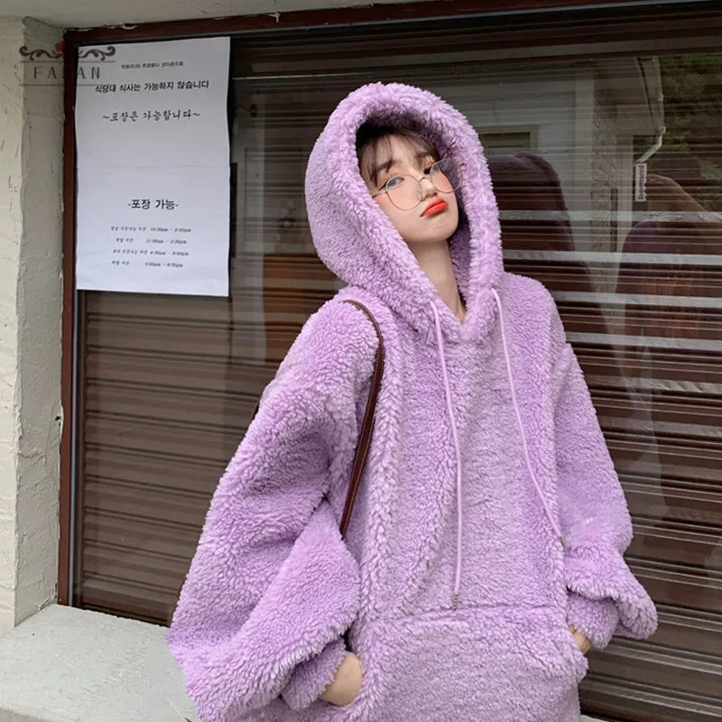 

Plush Thick Women Hoodie Plus Size Loose Pullover Keep Warm Cashmere Unisex Tops Solid Color Long Sleeve Casual Sweatshirts