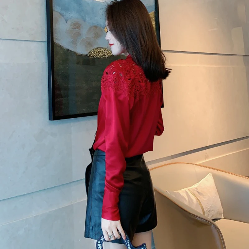 

2021 Spring Runway Fashion Women 100% Silk Blouses Long Sleeve Bowknot Hollow Out Embroidery Shirts Office Lady Party Tops