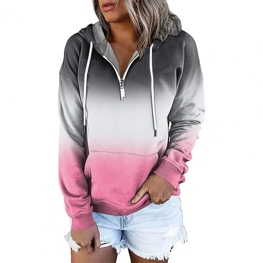 

Drawstring Long Sleeve Pullover Hoodie Women Loose Fit Pocket Patchwork Zipper Neck Women Sweatshirt Outerwear Tops