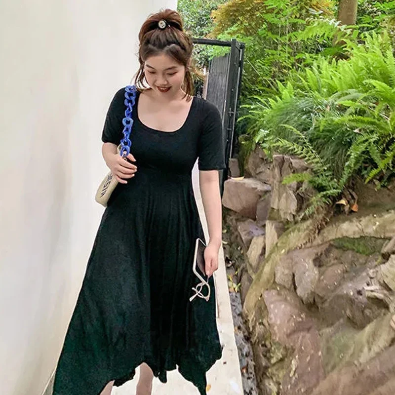 

Sister Fara New Elegant Plus Size Summer Women's Dress 2021 Short Sleeve High Waist Loose Mid Dress Solid Casual Women's Dresses