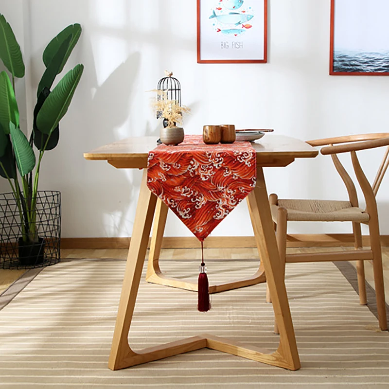 Винтажная настольная дорожка в японском стиле Zephyr морские волны коричневые