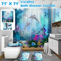 dolphin printing shower curtain set waterproof bath mat toilet lid cover mat non slip rug carpet home bathroom decor with hooks