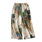 Женские свободные штаны для сна с принтом листьев, простые повседневные штаны из мягкого хлопка и атласа с широкими штанинами для дома, лето 2022