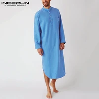 2021 mens sleep robes solid color cotton long sleeve comfort leisure homewear o neck nightgown mens bathrobes incerun s 5xl 7