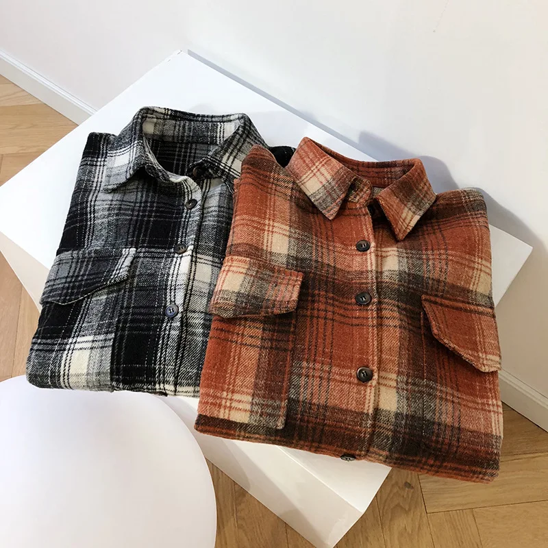 

New Spring Autumn Fashion Casual Shirt Vintage Blouse Women Lattice Ladies Long Sleeves Loose Shirts Coat Female Y122