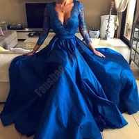 classic royal blue evening dress a line v neck full sleeve satin vestido de fiesta illusion lace slit simple robe de soiree