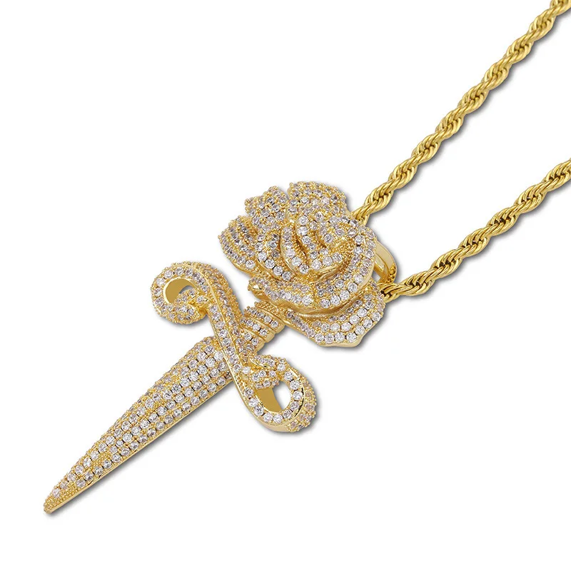 AAA+ кубический цирконий вымощенные Bling Ice Out розы бутон подвески-кинжалы ожерелья для мужчин и женщин хип-хоп рэппер ювелирные изделия