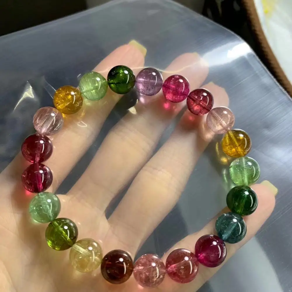 9.5mm Certificate Natural Colorful Rainbow Tourmaline Round Beads Woman Bracelet Bangle Drop Shipping AAAAAA | Украшения и