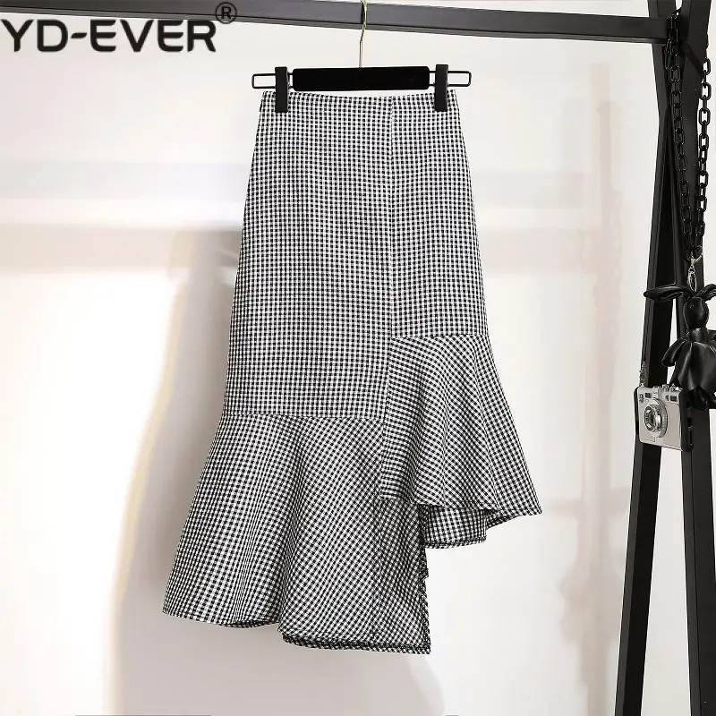 Юбка миди Асимметричная в мелкую клетку с воланом|Женские юбки| |