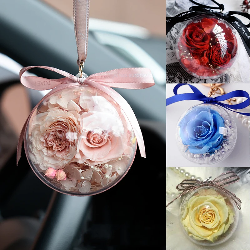 Eternal Rose Pendants Preserved Flower Ball Car Pendant Auto Hanging Ornaments Accessory Birthday Valentine Forever Love Gifts
