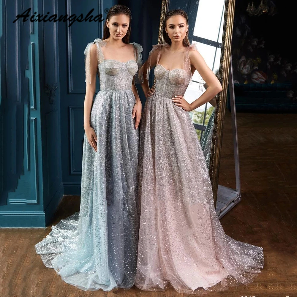 

Aixiangsha Glitter Tulle Evening Dresses Spaghetti Strap Sleeveless A-Line Blingbling Robe De Soiree Party Gown Lace Back