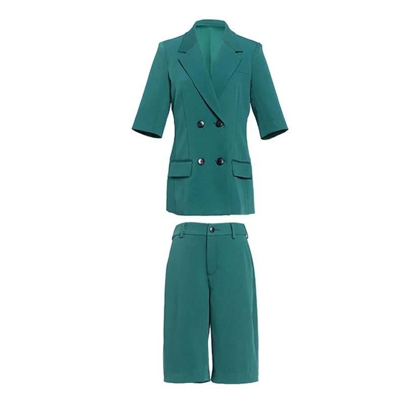Womens Blazer Two Piece Suit Set Half Sleeve Double Breasted Jacket Blazer +Half Short Pants Suit 2020 Autumn Ladies Formal Suit