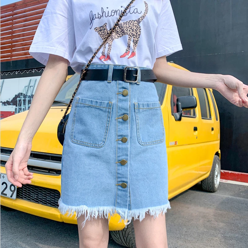 

Women Summer High-waist Denim A-line Skirt Plus Size Fat MM Student Casual Slim Fashion Single-breasted Skirts Female Streetwear