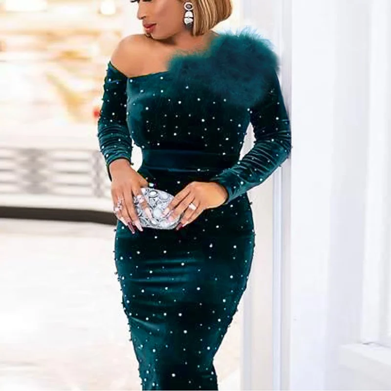 

Bodycon Dress Women Green Christmas Party Velvet Winter Feather Shiny Sequin Evening Sheath Sexy Night Out Birthday Glitter Gown
