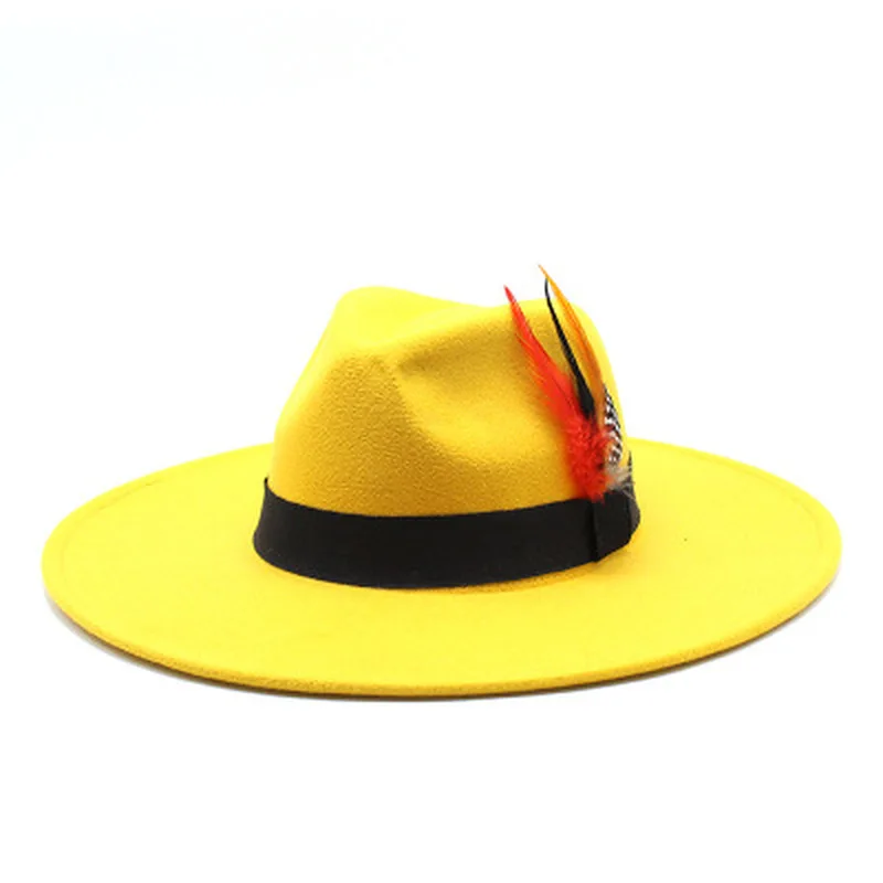 

fedora hats 9.5cm big brim women men autumn winter round top women hats band feather solid khaki ivory jazz cap winter hats new