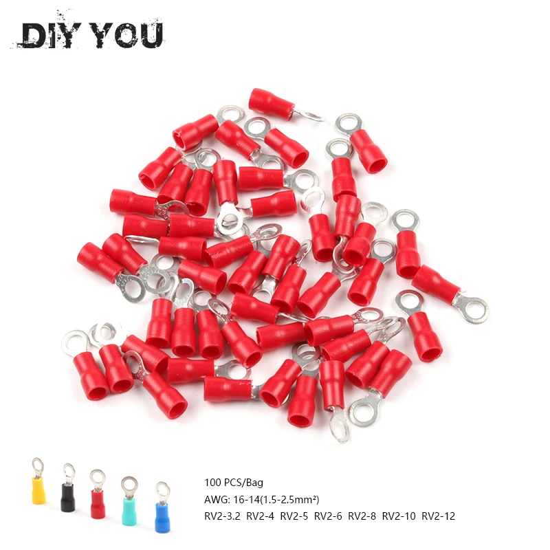 100 шт. RV2 3.2/4/5/6/8/10 кольцо соединителя провода электрические обжимной терминал