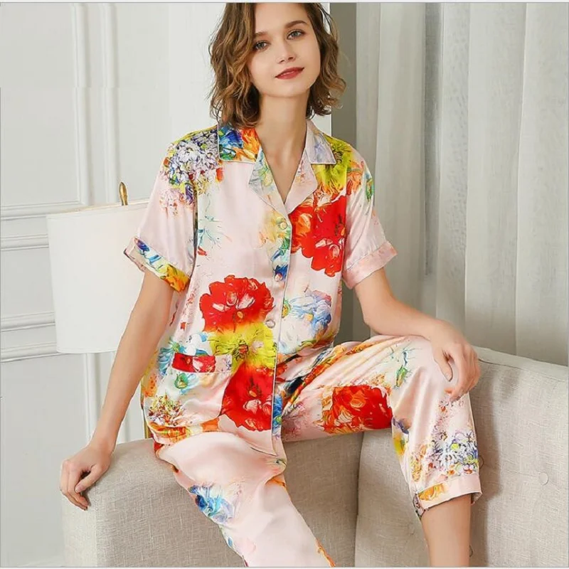 100% SilK Stain Pajamas Sets Women Floral Print Short Sleeve Summer Silk Homewear Sleepwears Sets 2020 Home Pyjama Sets