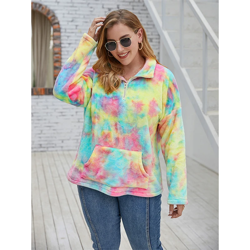 Fioncrow Tie-Dye Hoodie Women's Plus Size Y2K Pullover Pocket Lapel Long Sleeve Sports Casual Loose Autumn Women's Clothing