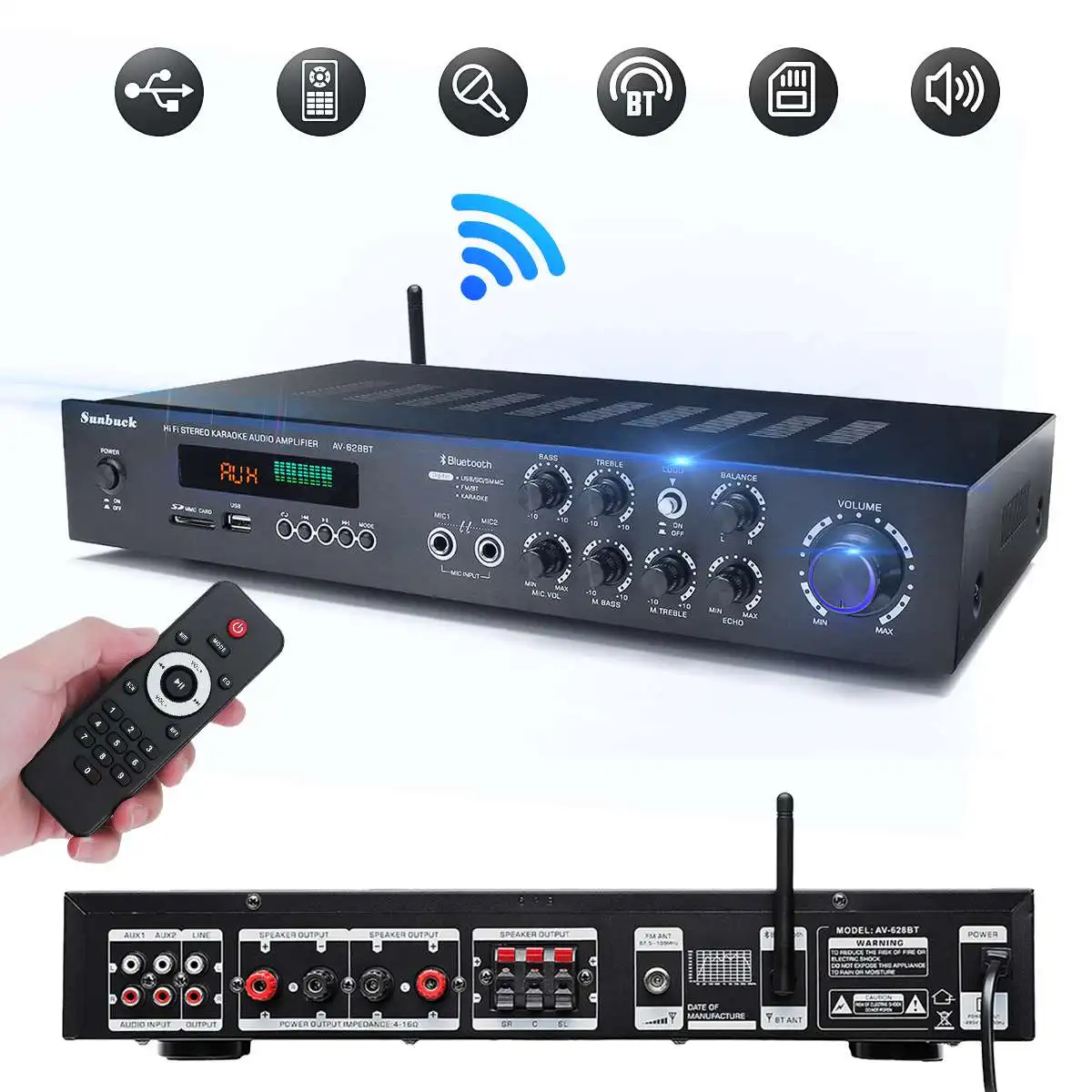 

5CH 120W 500W*2 LED Display Power Amplifier Home HiFi Stereo Subwoofer Audio Amplifier Bluetooth Mic Remote Control FM Support