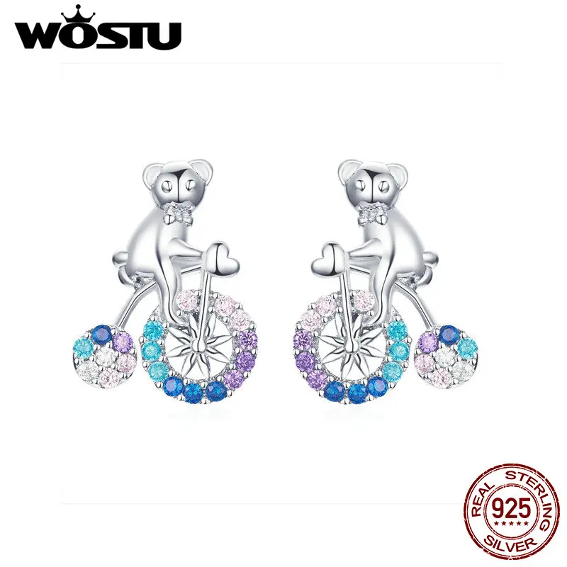 WOSTU,, 925 пробы, серебряные, цветные, велосипед и медведь, висячие серьги для женщин, циркон, свадебные серьги, радужные ювелирные изделия CQE677