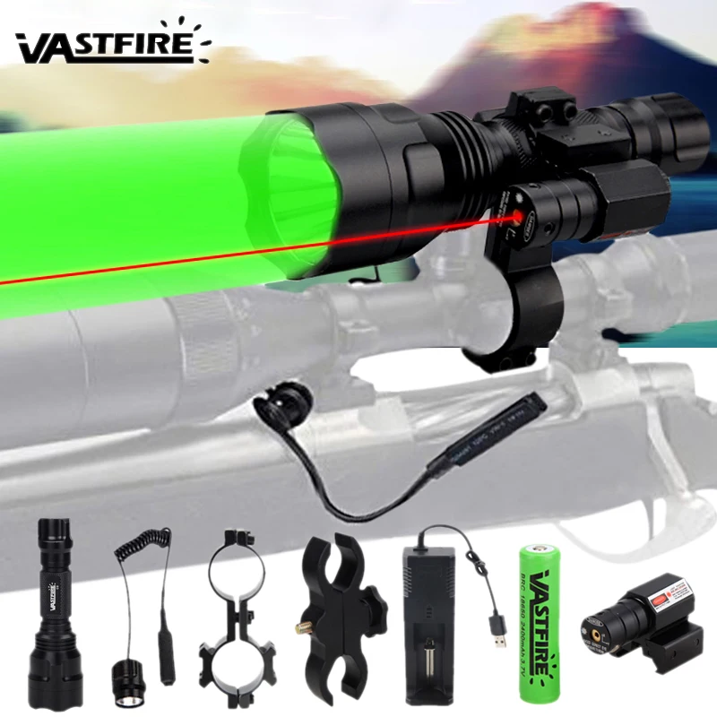 

C8 XM-L Q5 Tactical Hunting Flashlight Rifle Lantern Armas Light+Laser Dot Sight+Switch+2*20mm Rail Barrel Mount+18650+Charger