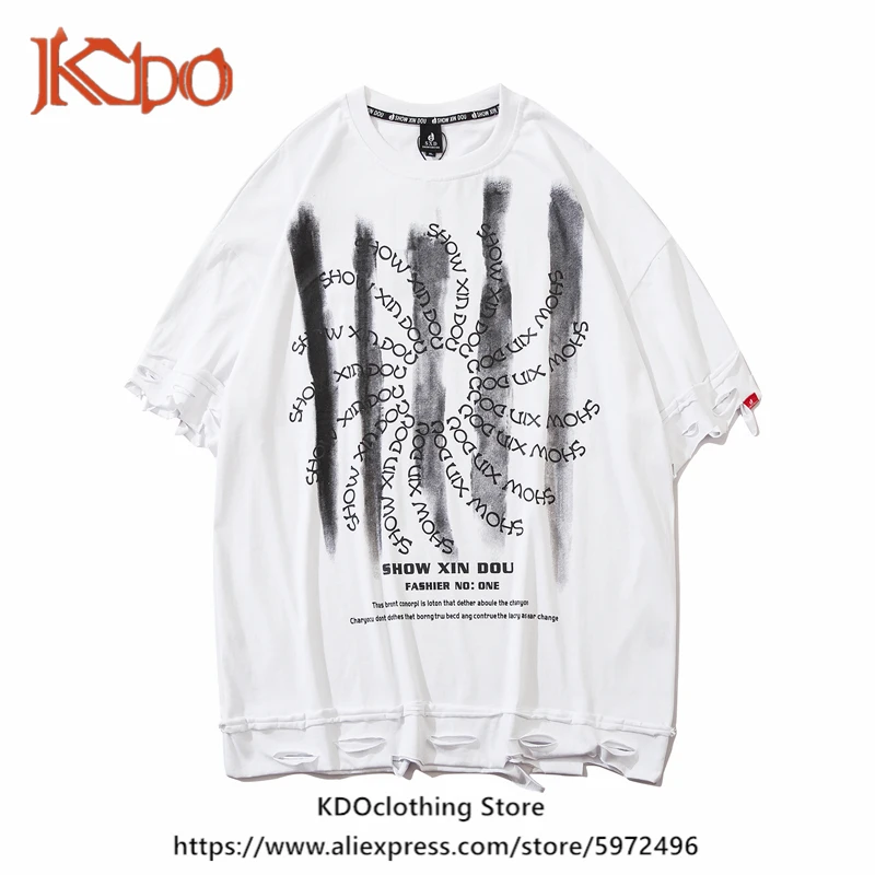 

Ripped Hem Hip-Hop Street Style T-shirt Fashion Summer Top Couple Tide Brand Loose Cotton Paw Printed Pattern MaleTee Black Pink