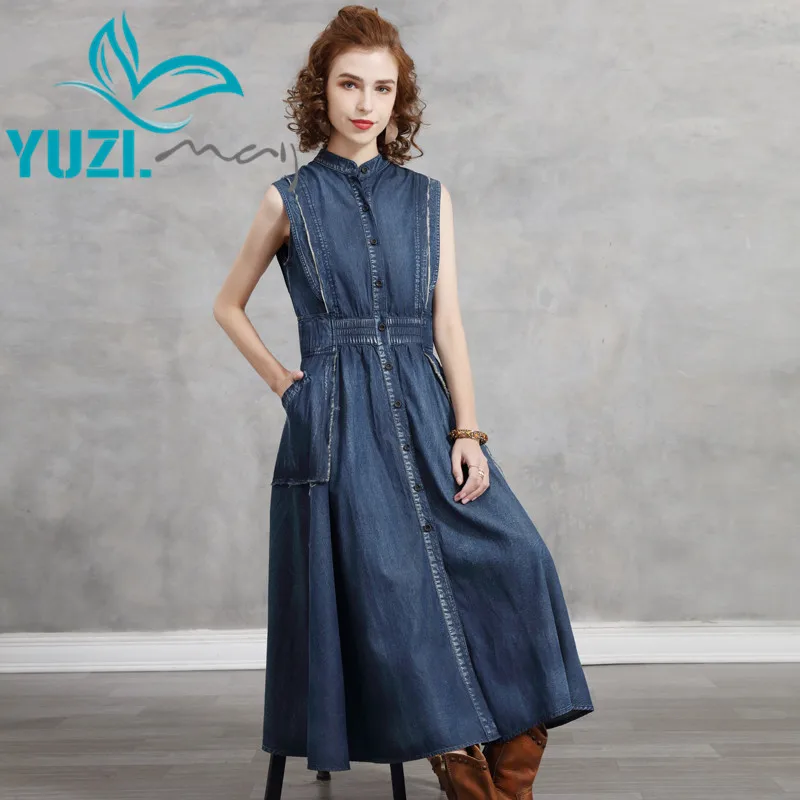 Summer Dress 2021 Yuzi.may Boho New Denim Women Dresses Stand Collar Vintage Sundress Sleeveless v Vestidos A82292 Vestido